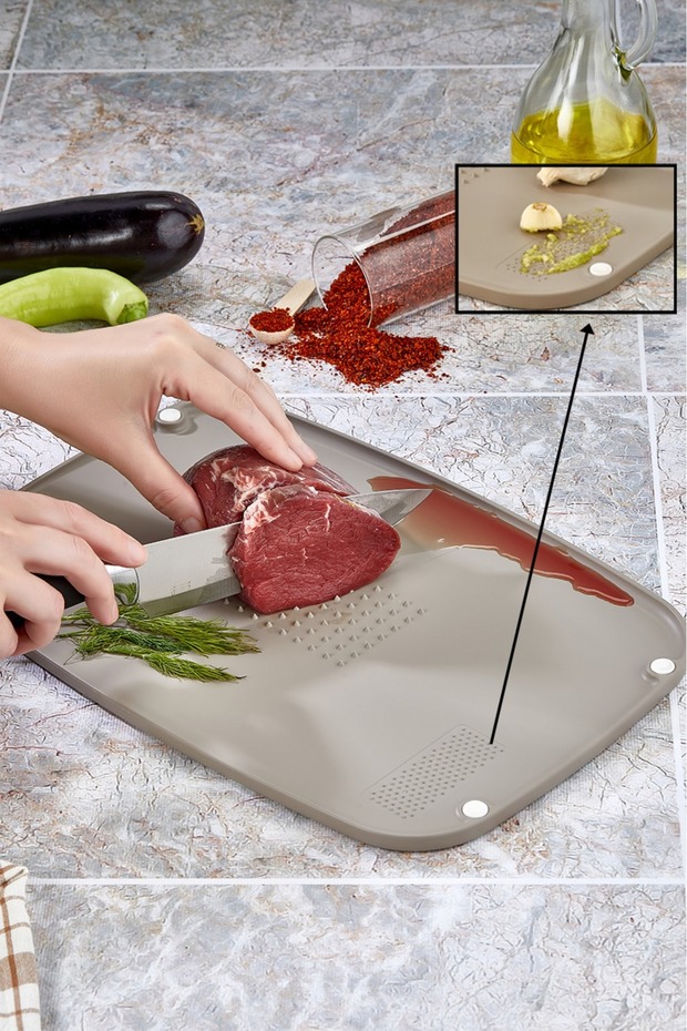 Sliceo Double-Sided Cutting Board with Grater Compartment, Non-Slip and Anti-Overflow