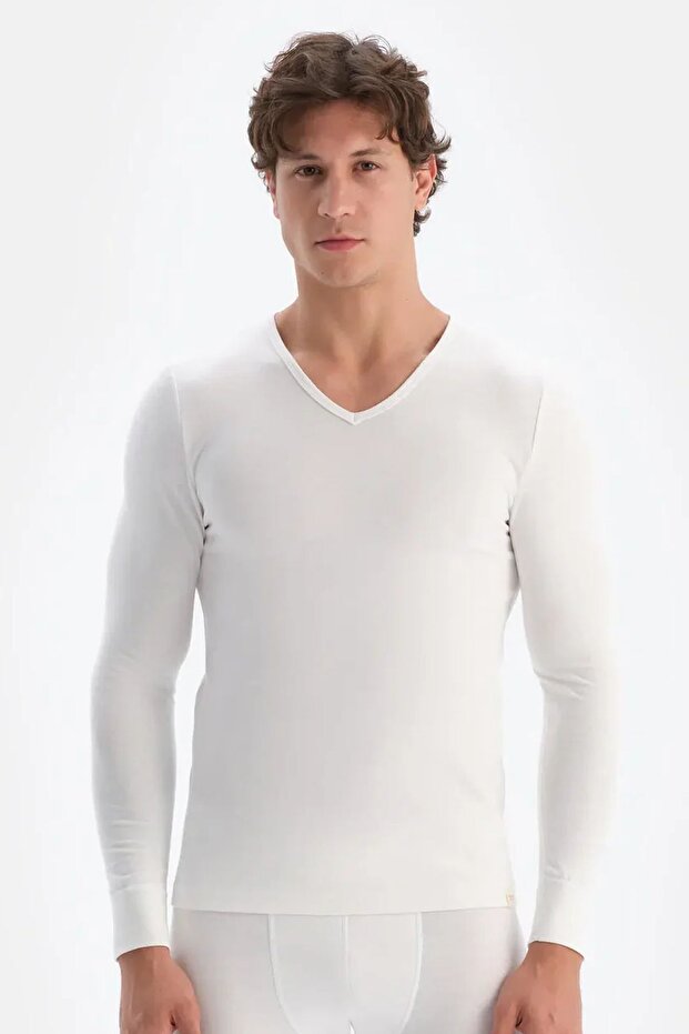 6035 Men's Long Sleeve V-Neck Thermal Top Underwear-Ecru