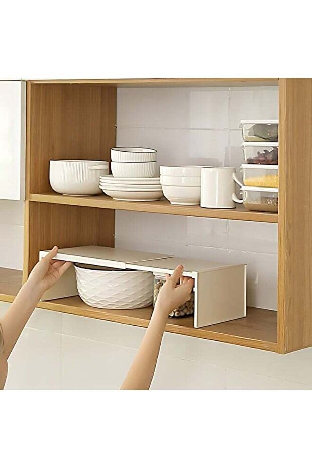 رف خزانة قابل للتوسيع، رف مساعد قابل للتوسيع للمطبخ، موفر للمساحة وقابل للتكديس - 1
