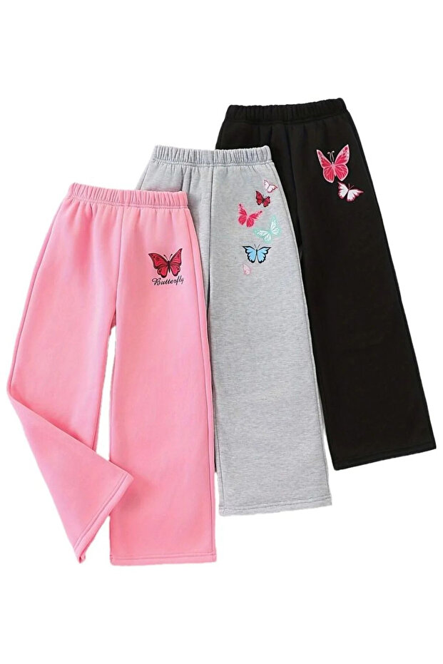 Children's Butterfly Printed Wide Leg Comfortable Cut 3-Piece Tracksuit Set