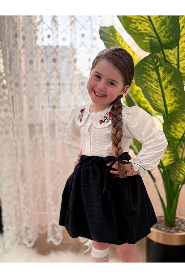 Girl's Suit with Balloon Skirt and Embroidered Shirt