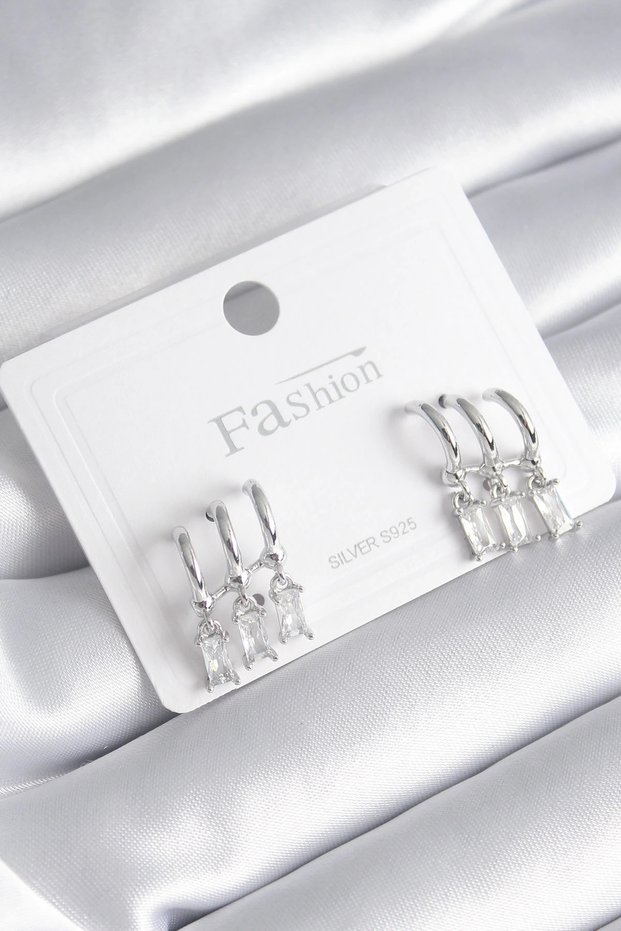 Brass Silver Rk 3-Piece Dangle Zircon Stone Earrings