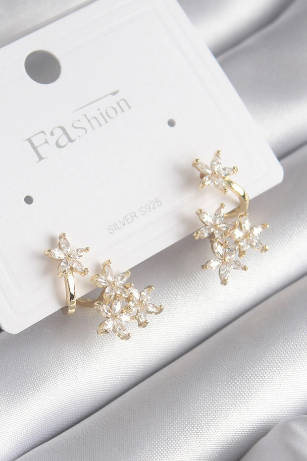Brass Gold Rk Zircon Stone Flower Design Women's Earrings
