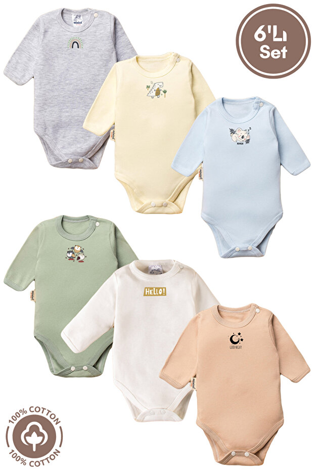 Unisex 100% Organic Cotton Random Printed 3-6-9-12 Months 6-Piece Long Sleeve Baby Bodysuit