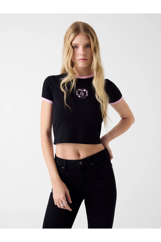Gj Short Sleeve Crew Neck Baby Ringer Heart Detail Women's Black T-Shirt W6Ri16J1314-Jblk