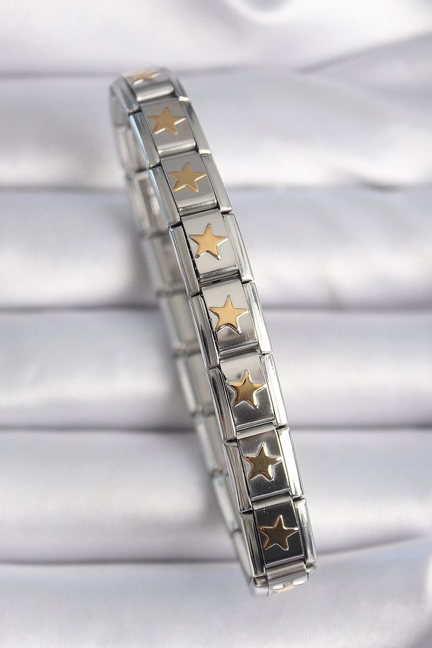 316L Steel Silver Rk Gold Star Engraved Nomination Charm Bracelet