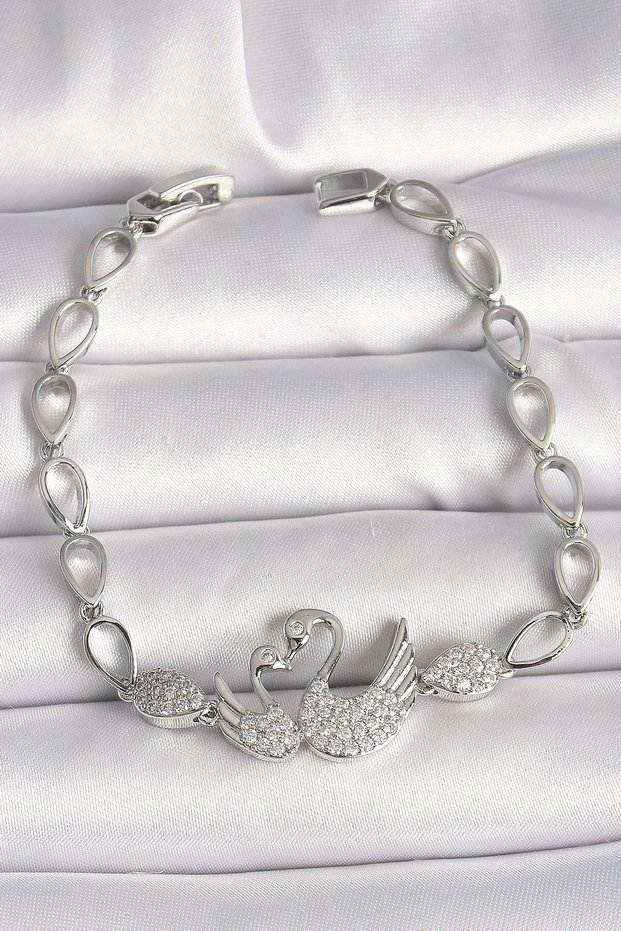 Brass Silver Rk Zircon Stone Swan Figure Drop Chain Model Women's Bracelet