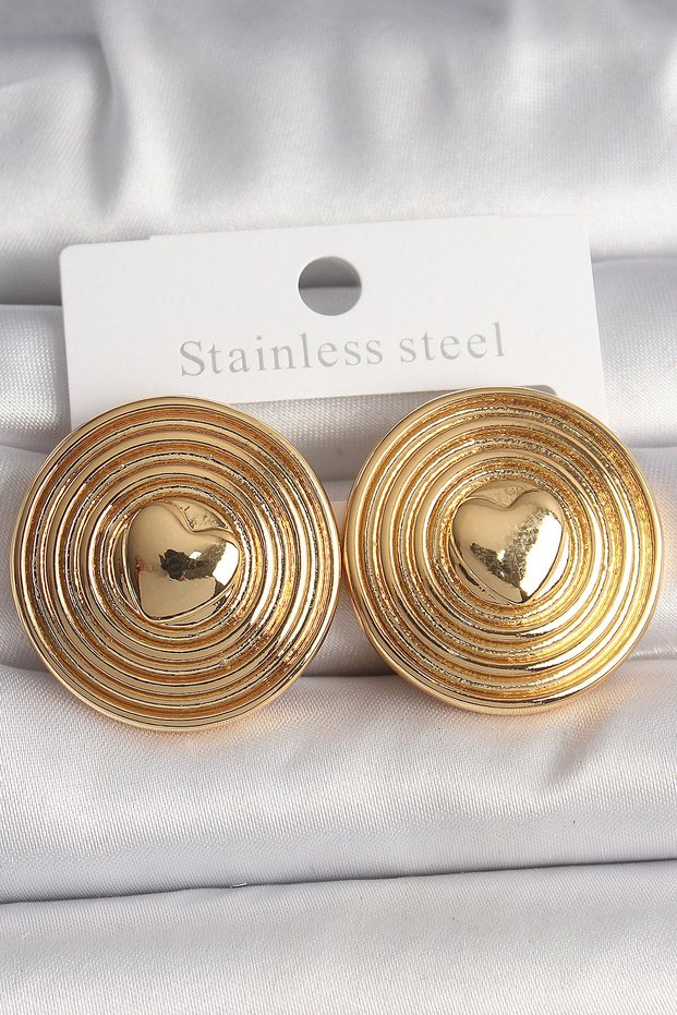 Brass Gold Rk Embossed Circle Plate Model Women's Earrings