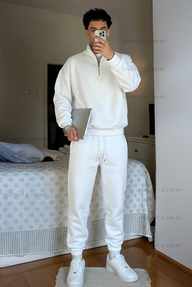 3-Thread Basic Mock Neck Sweatshirt Jogger Pants - Ecru Tracksuit Set Elasticated Hem Mock Neck