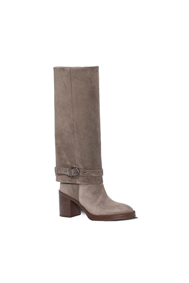 Mabel Genuine Suede Leather Zippered Buckle Below-The-Knee Chunky Heel Boots R85 Vizon Suet (Mink Suede)
