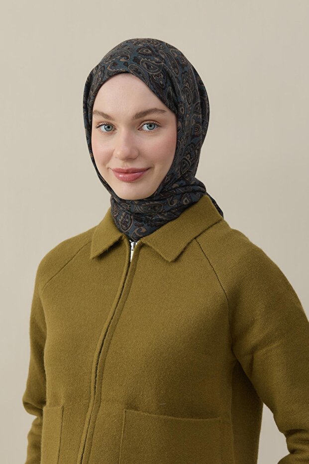 Almond Pattern Wool Silk Shawl Blue-Brown