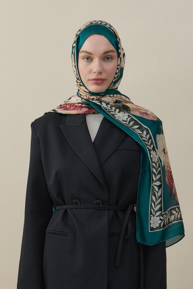 Rose Pattern Silk Voile Shawl Turquoise