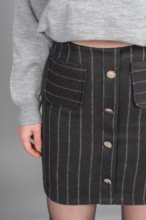 Women's Winter Black Chic Ornamental Button Detailed Striped Mini Skirt 6824