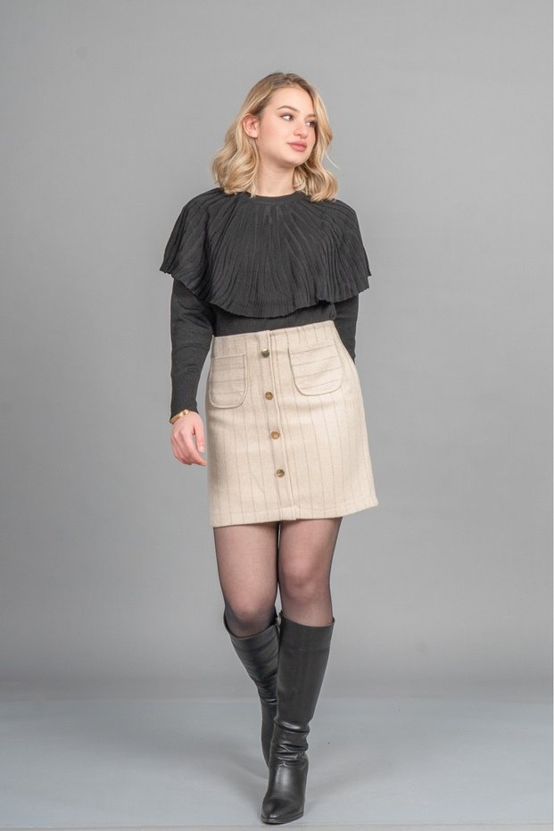 Women's Winter Beige Chic Ornamental Button Detailed Striped Mini Skirt 6824