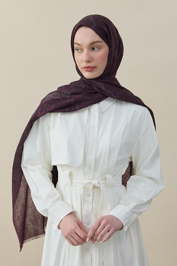 Etro Pattern Wool Silk Shawl Burgundy