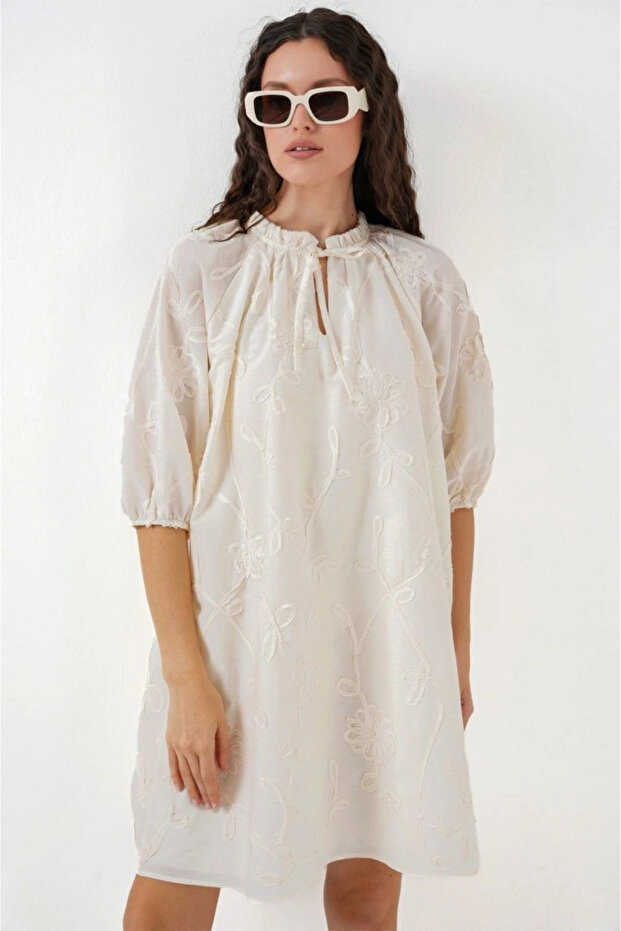 Patterned Short Dress 2528 - Cream - 4