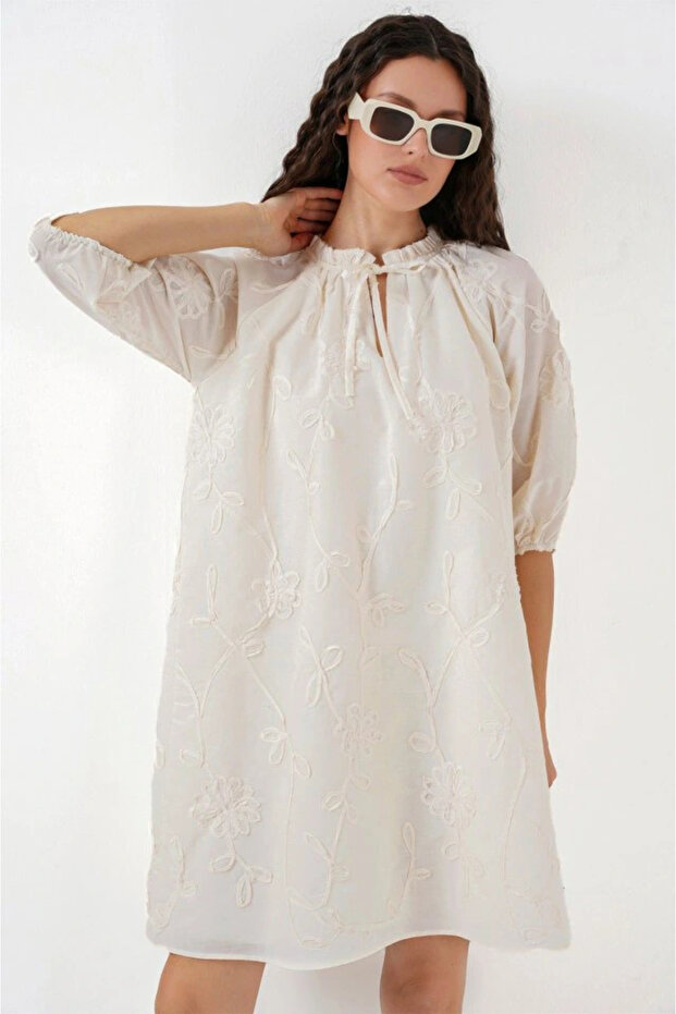 Patterned Short Dress 2528 - Cream - 3