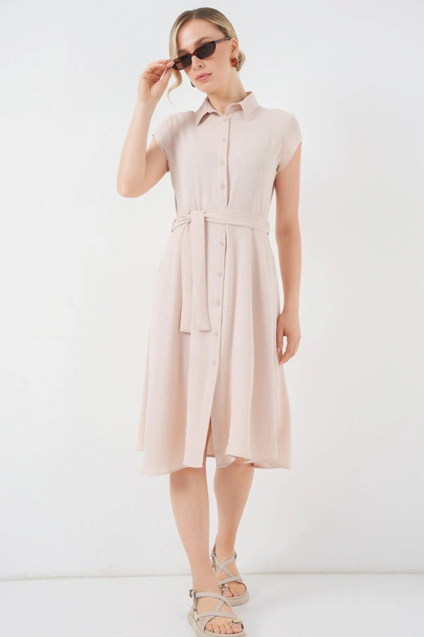 1677 Full Button Belted Dress - Cream - 2