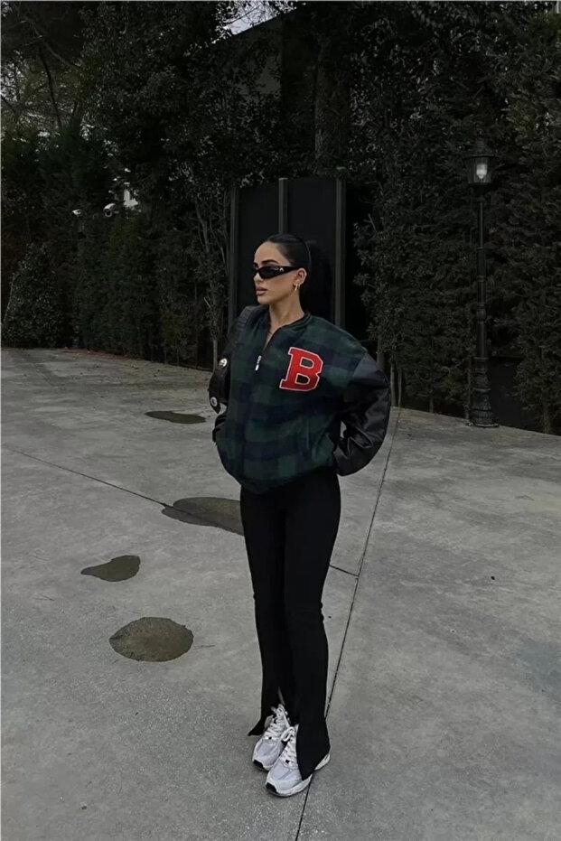    Gingham Pattern Embroidered College Jacket - Khaki - 1