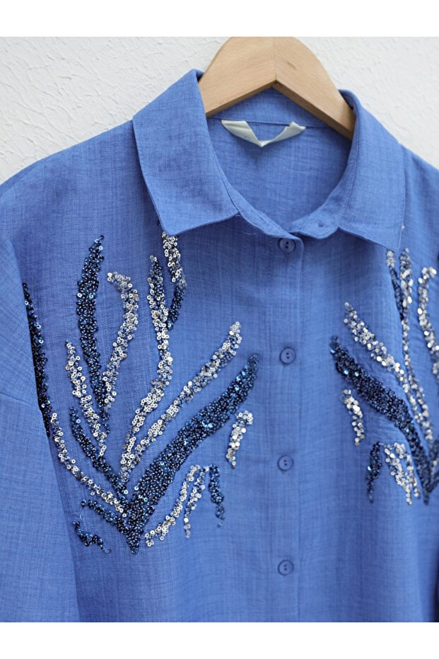 قميص طويل مزين بالترتر على المقدمة - نيلي - 2