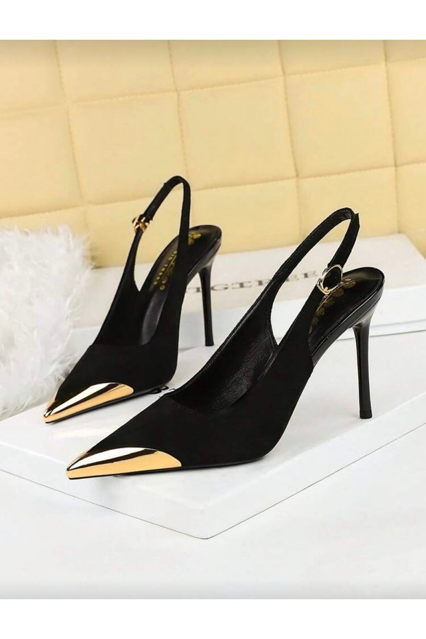 Women's Stiletto Pointed Toe Gold Detailed Open Back Heeled Shoes Black
