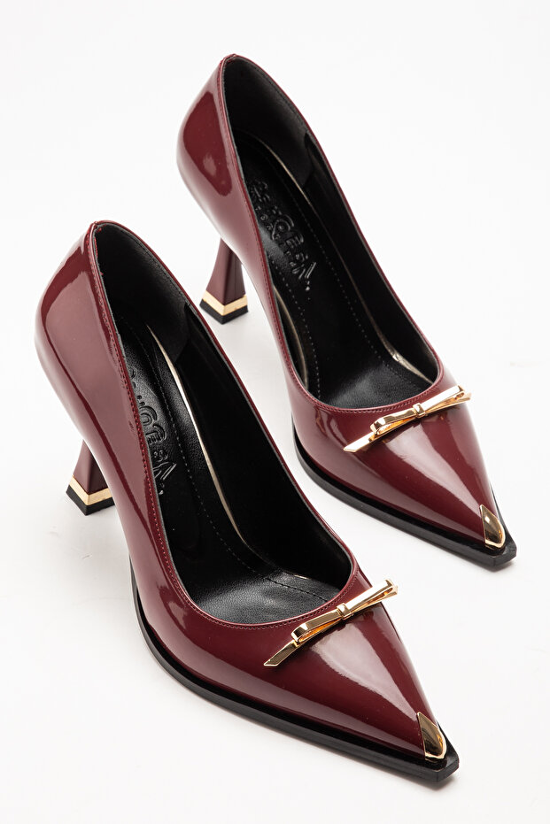 Patent Leather Gold Buckle Detailed Pointed Toe High Heel Stiletto