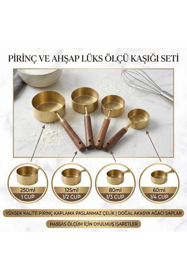 4Pcs Large Size Stainless Steel Wooden Handle Measure Spoon Set Measuring Cup 60ml 80ml 125ml 250ml