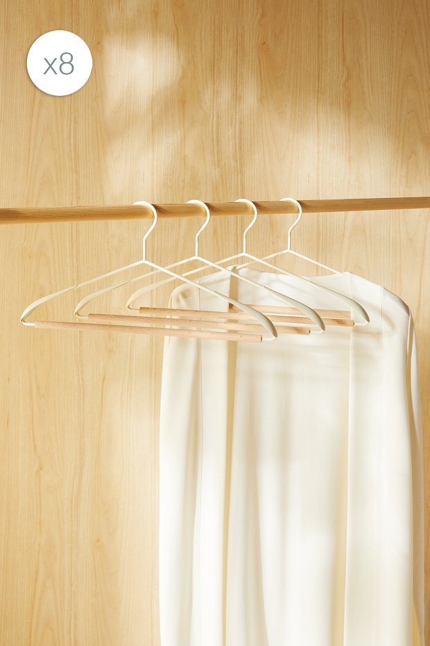 8 Pieces Wooden Backed Shoulder Form Matte White Metal Clothes Hanger, Garment Hanger 21.5X42X0.5