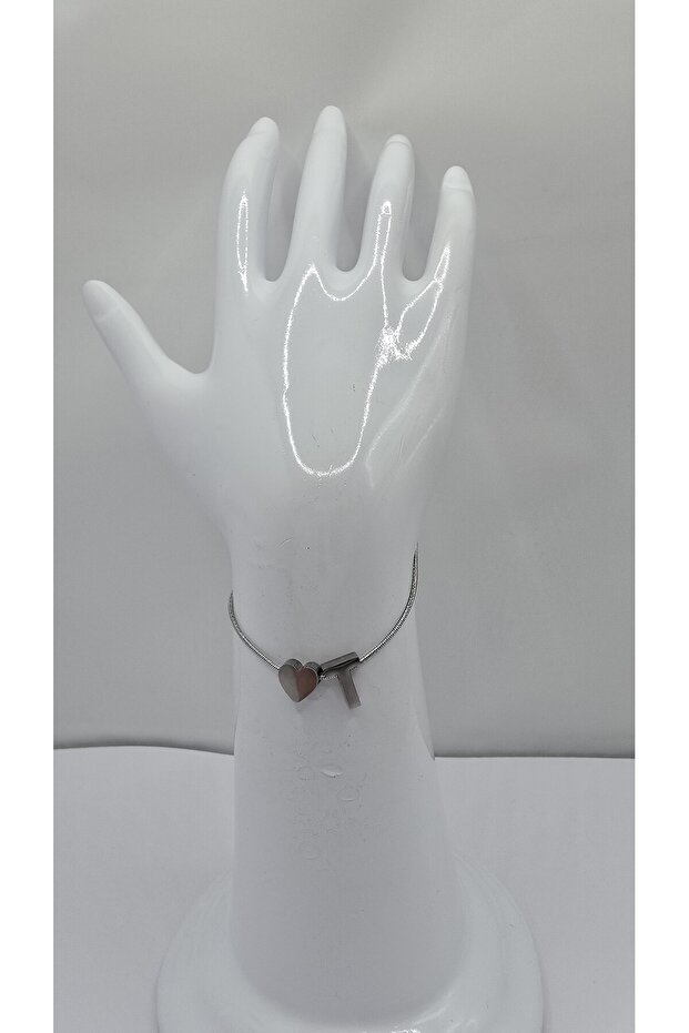 Stainless Steel Silver Color Three-Dimensional Heart Detailed -T- Letter Bracelet