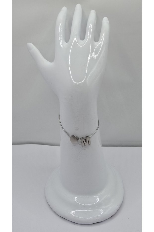 Stainless Steel Silver Color Three-Dimensional Heart Detailed -M- Letter Bracelet
