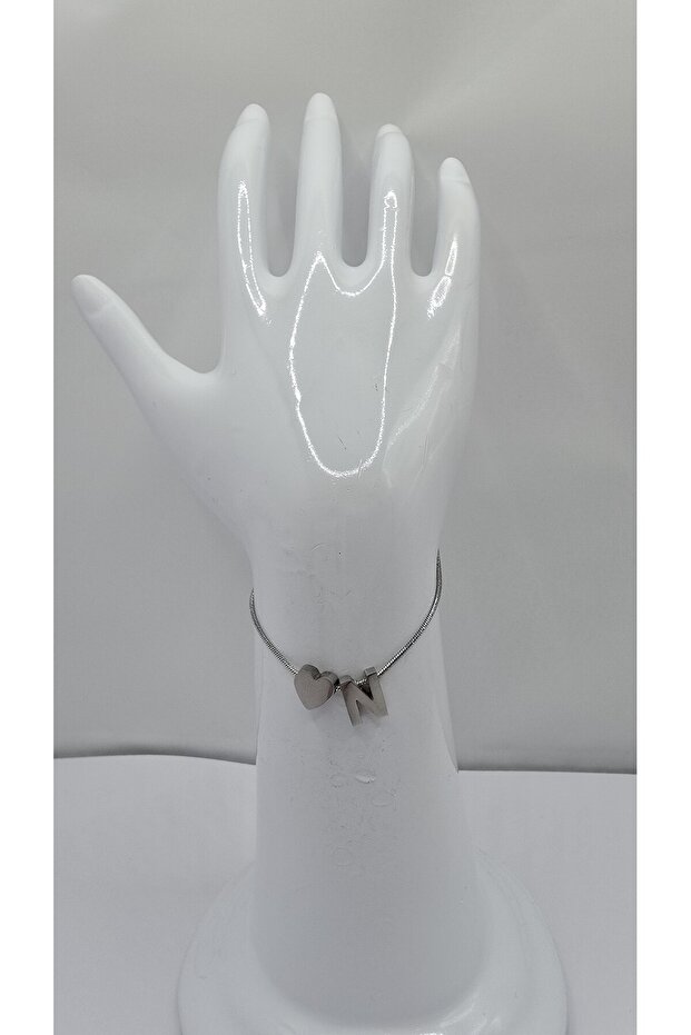 Stainless Steel Silver Color Three-Dimensional Heart Detailed -N- Letter Bracelet