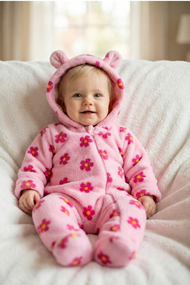Baby Girl Welsoft Jumpsuit Hooded Printed Patterned 0-12 Months