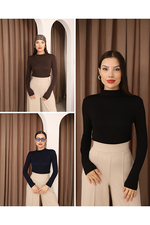 Women's 3-Piece Long Sleeve Half Fisherman Stretch Fabric Combed Cotton Bodysuit