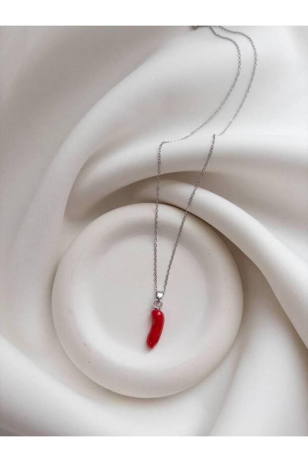 Steel Chain Red Pepper Necklace - Red Pepper Themed Necklace - Steel Chain Necklace