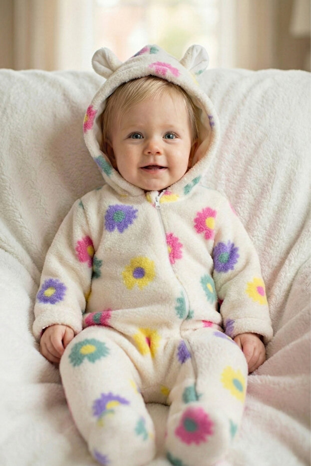 Baby Girl Welsoft Jumpsuit Hooded Printed Patterned 0-12 Months