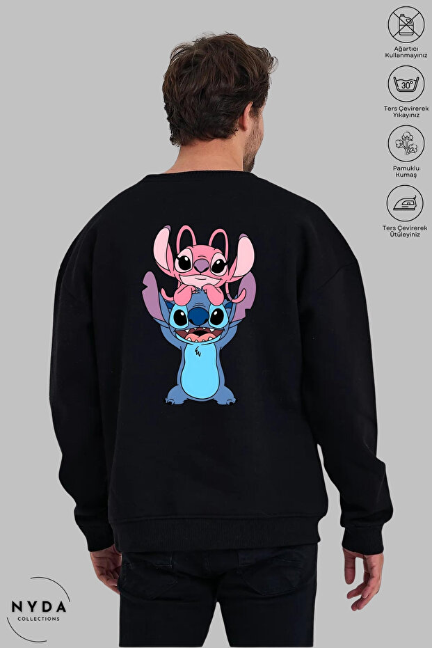 سويت شيرت للجنسين بأكمام طويلة من Angel and Stitch برقبة دائرية بدون قلنسوة مطبوع مبطن بالصوف قصة فضفاضة
