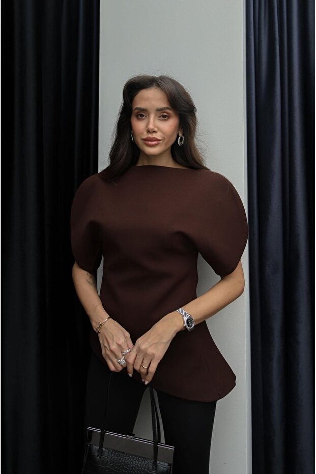 Brown Short Balloon Sleeve Asymmetric Blouse