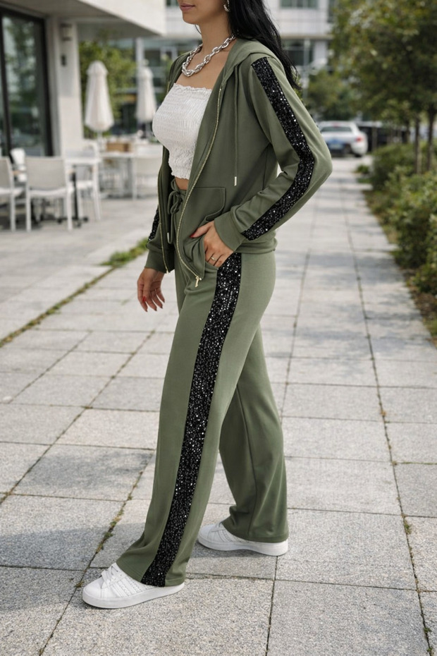 Women's Tracksuit Set Hooded Zip-Up Wide-Leg Side-Striped Sequin Model