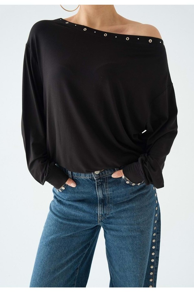 Collar Bird's Eye Detailed (Studded) Blouse - Black - L - St00634-Black-L