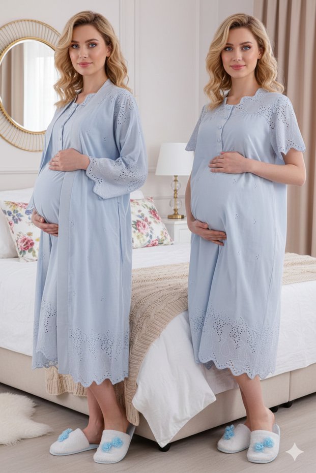 Blue Fisto Linen Maternity Dressing Gown Nightgown Set