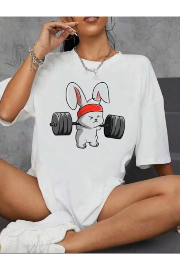 Rabbit Fitness Weightlifting Print Pattern T-Shirt
