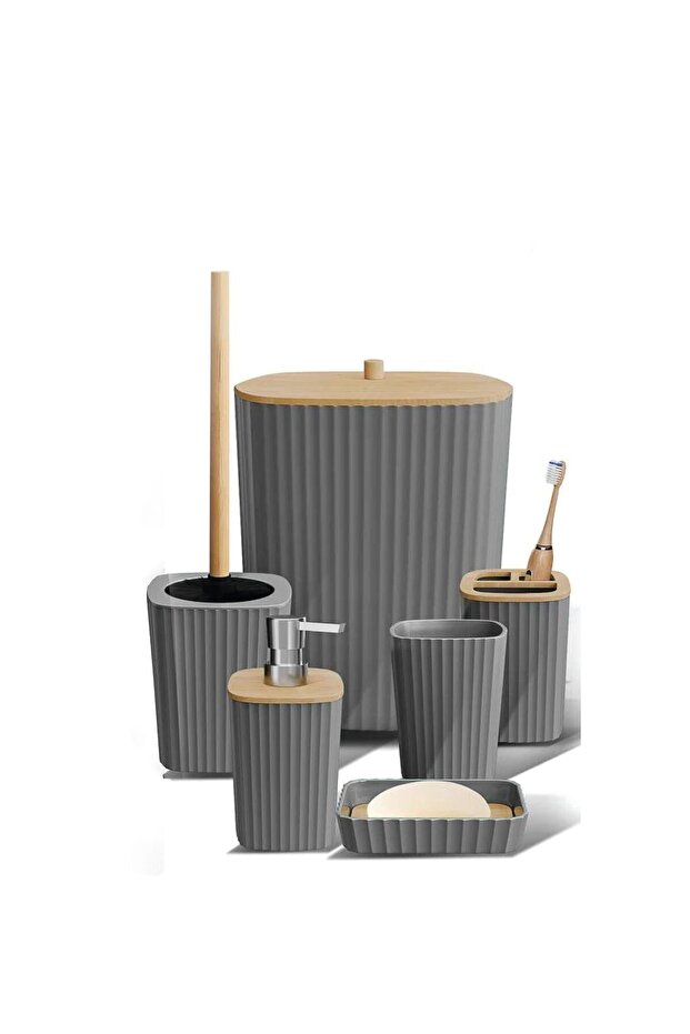6 Pcs Bathroom Accessories Set, Toilet Brush, Soap Dispenser, Toothbrush Holder, Cup, (Gray S)