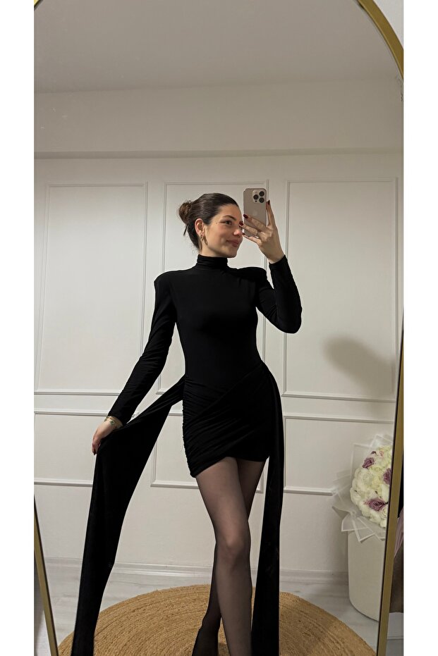 VATKALI DRAPE ETEKLİ ELBİSE - 3