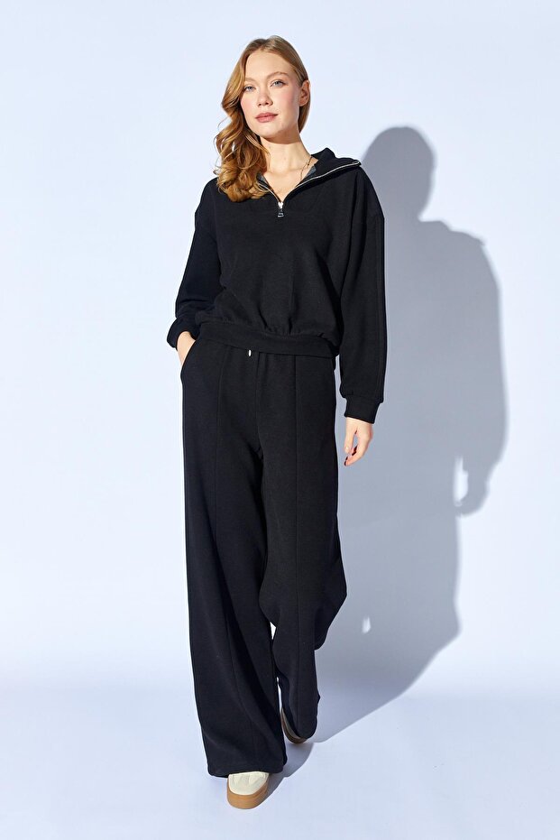 Women's Black Collar Zippered Stitching Detailed Thessaloniki Suit