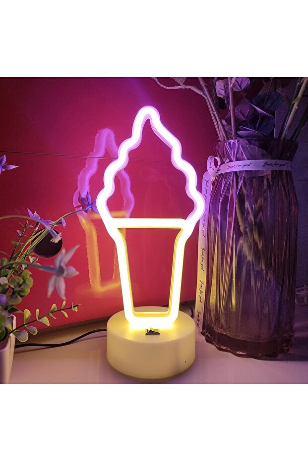 لوحة نيون على شكل آيس كريم، مصباح LED مكتبي وحائطي يعمل ببطارية USB/AA - ديكور طاولة وغرفة نوم