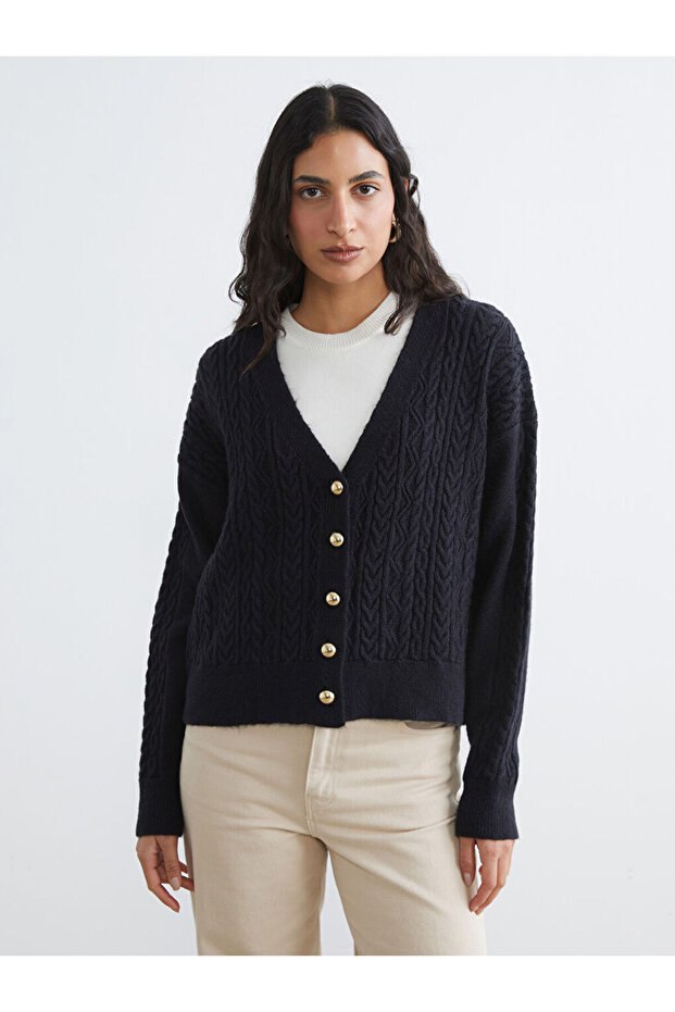 Navy Blue V-Neck Self-Patterned Women's Knitwear Cardigan