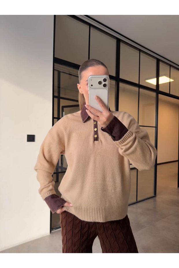 Denim Polo Neck Sweater Beige