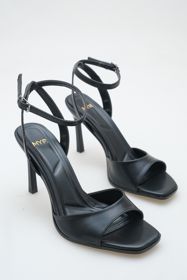 Women's Black Shiny Ankle Strap Heeled Shoes