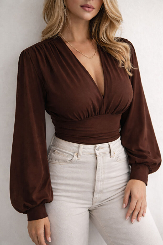 V Yaka Büzgülü Candy Bluz - 3