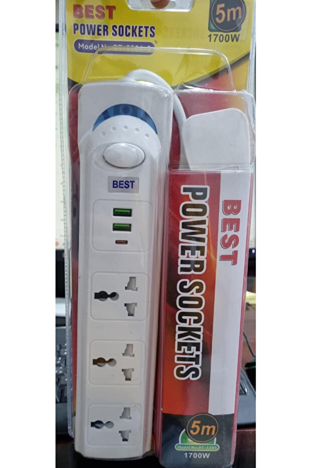 3 مقابس طاقة، طول السلك 5 أمتار، 1700 واط، منفذي USB، منفذ Type-C واحد، الأبعاد: 28 × 6 × 3 سم